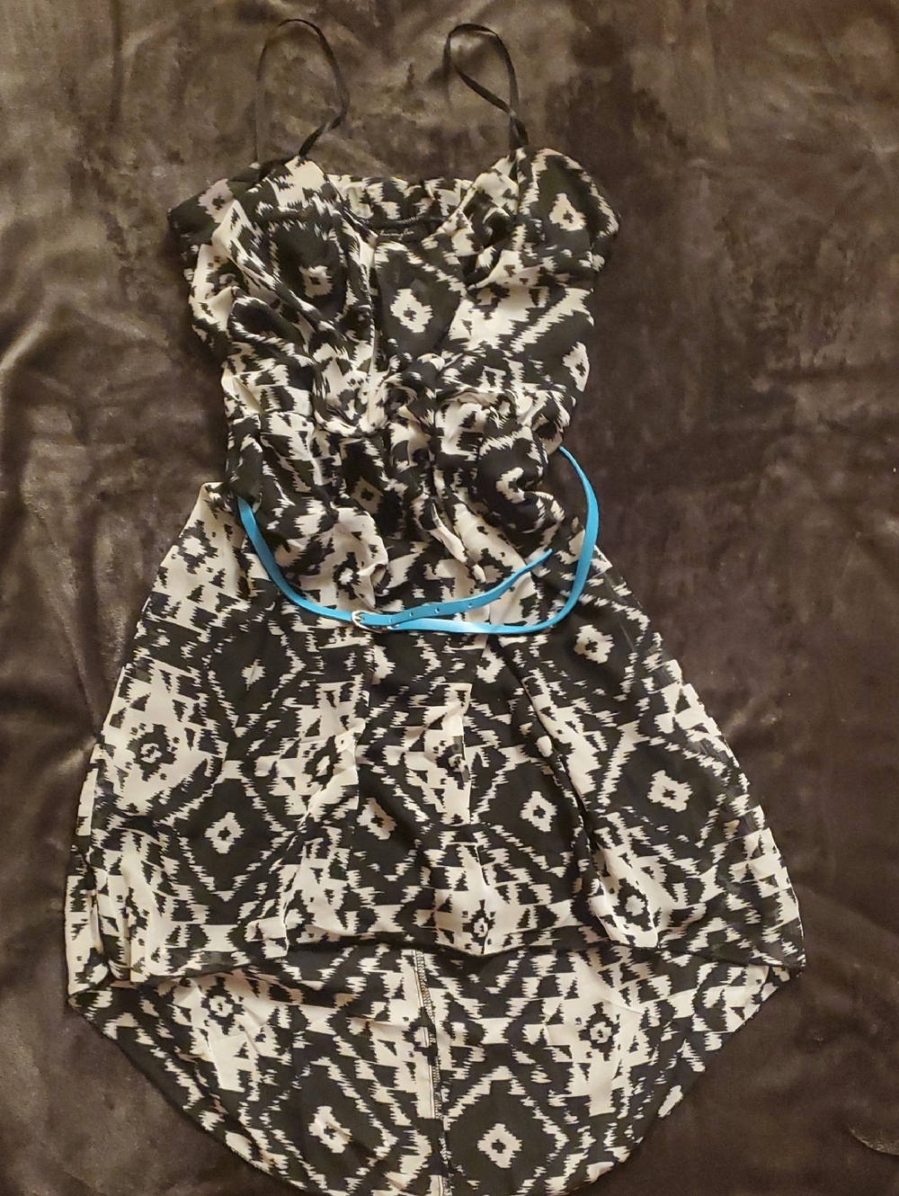 City Triangles Black and White Aztec Print Dress with Blue Belt